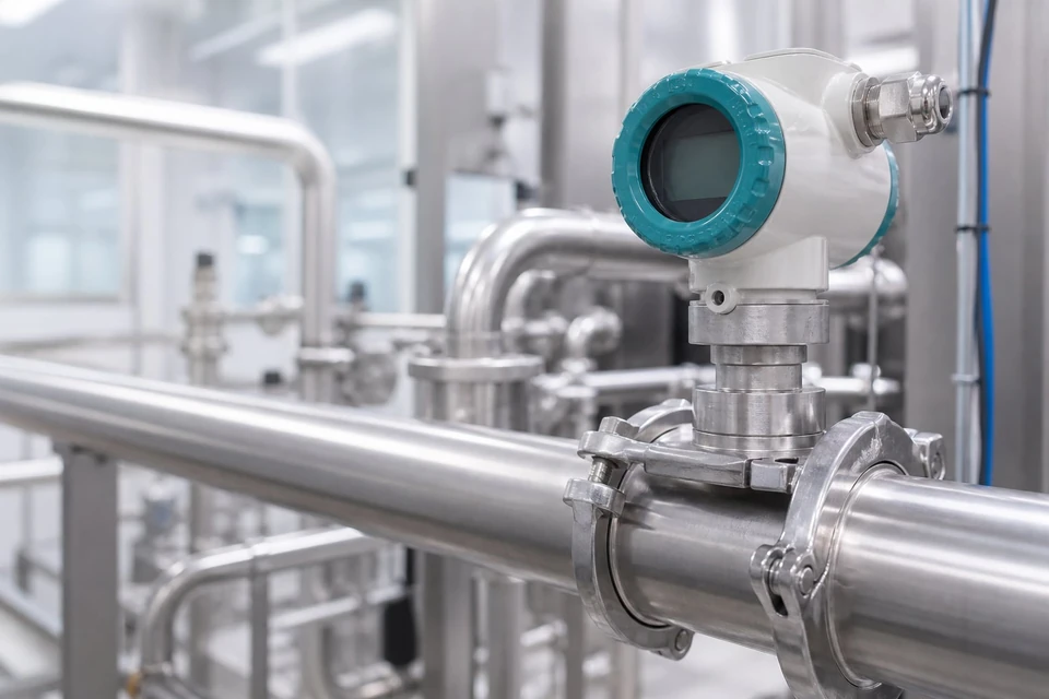 Transmisor de presión con diafragma enrasado instalado en una línea de proceso higiénica de acero inoxidable