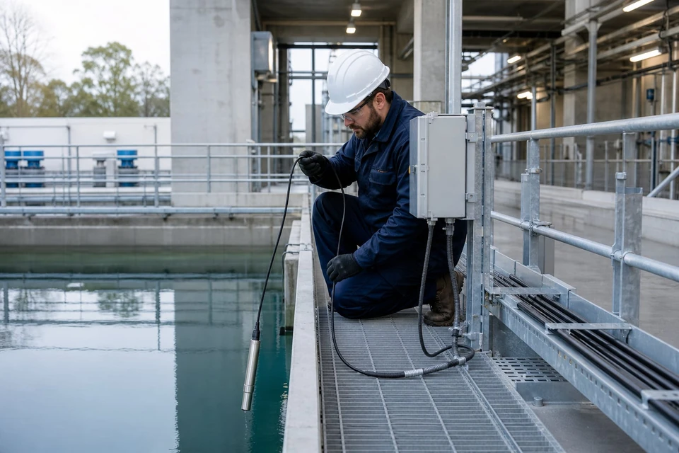 Técnico de instrumentación poniendo en marcha un transmisor de nivel hidrostático en un depósito de agua