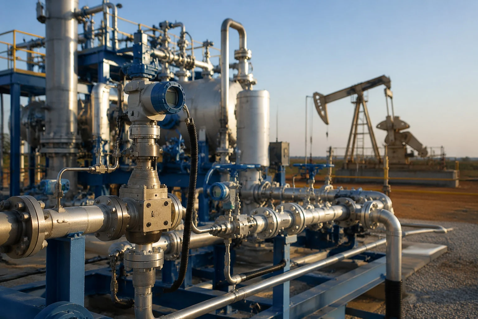Instrumentación de presión y temperatura instalada en un colector de tuberías de petróleo y gas