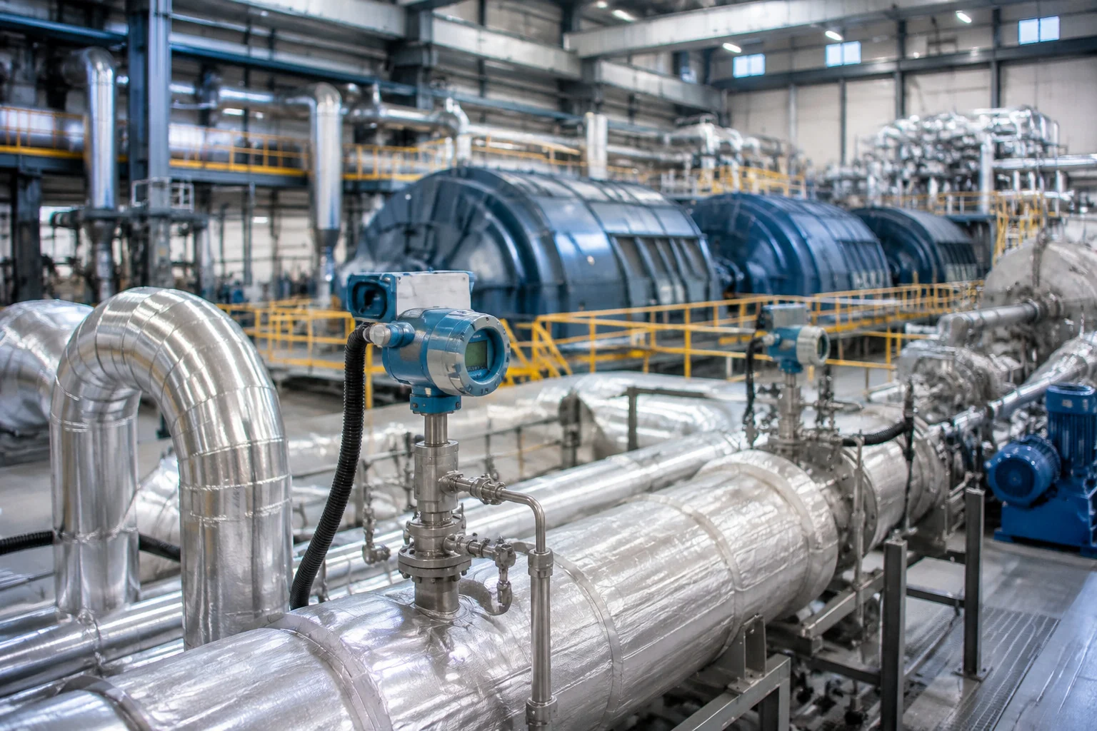 Transmisores de presión y temperatura monitorizando tuberías dentro de una instalación de generación eléctrica