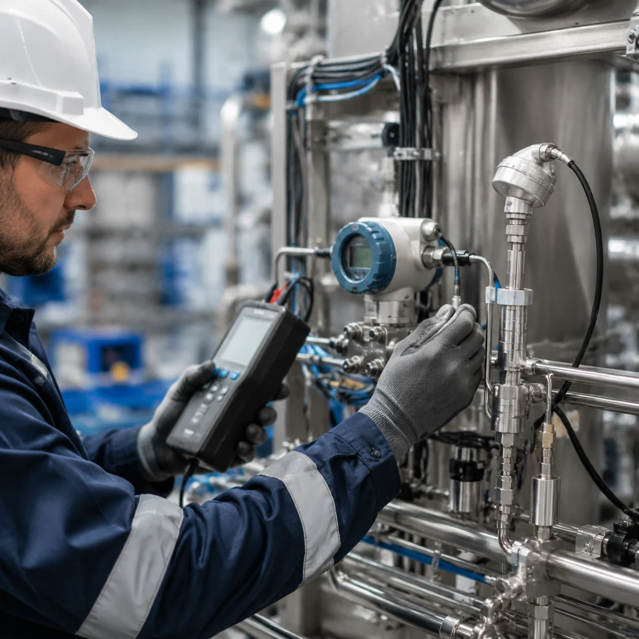Ingeniero de instrumentación poniendo en marcha un transmisor en un skid de proceso industrial