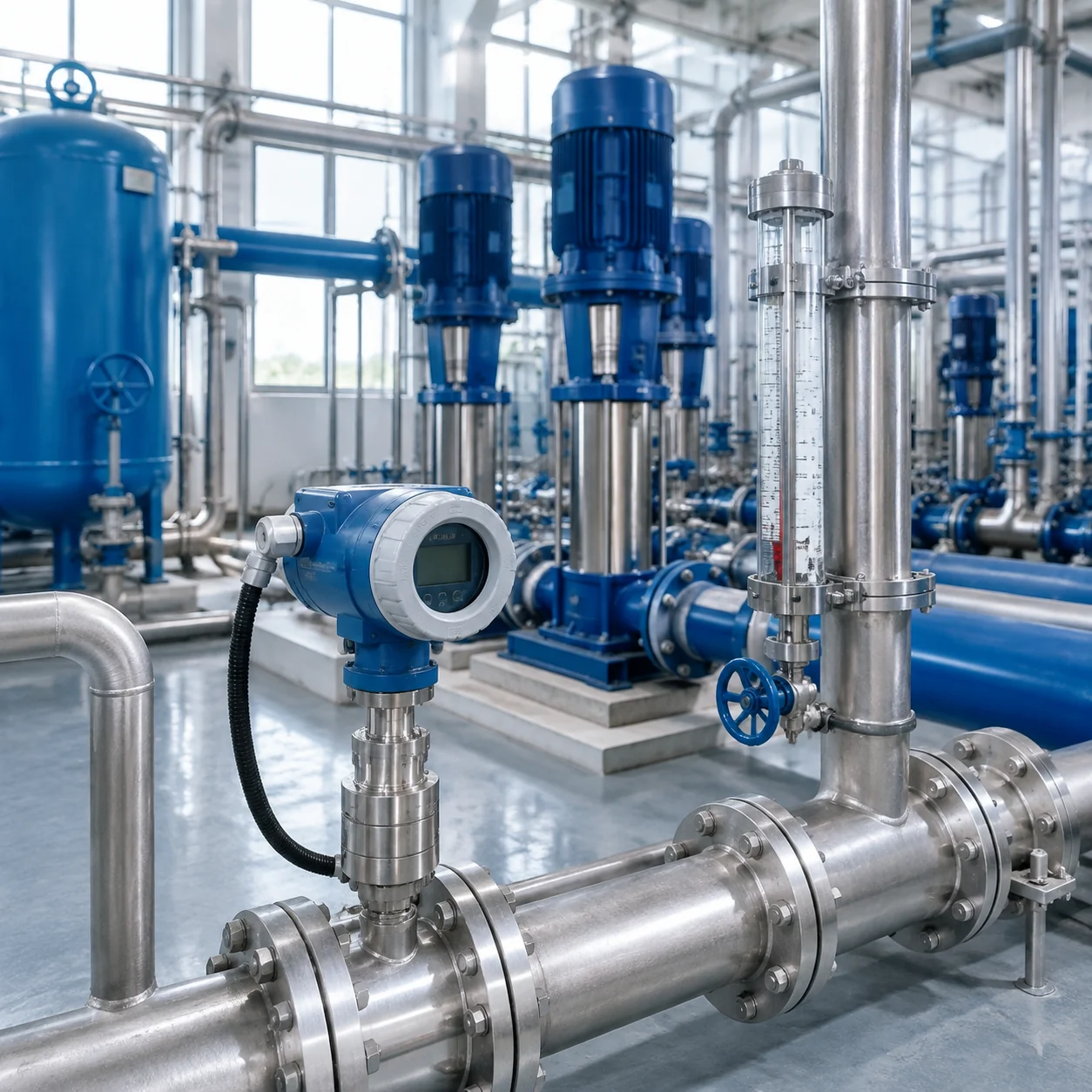Instrumentación de presión y nivel instalada en una moderna estación de bombeo para tratamiento de agua